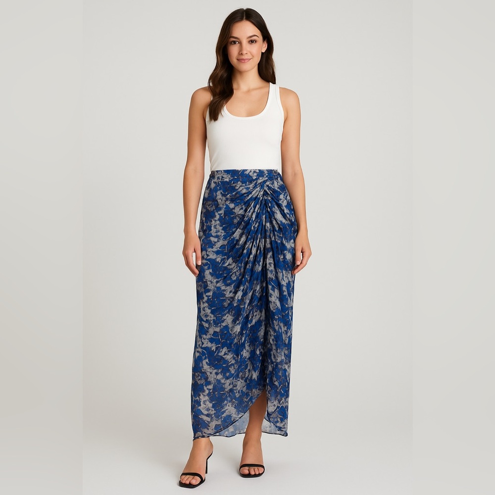 Unbranded Women’s Blue Floral Abstract Ruched Drape Maxi Skirt Size M